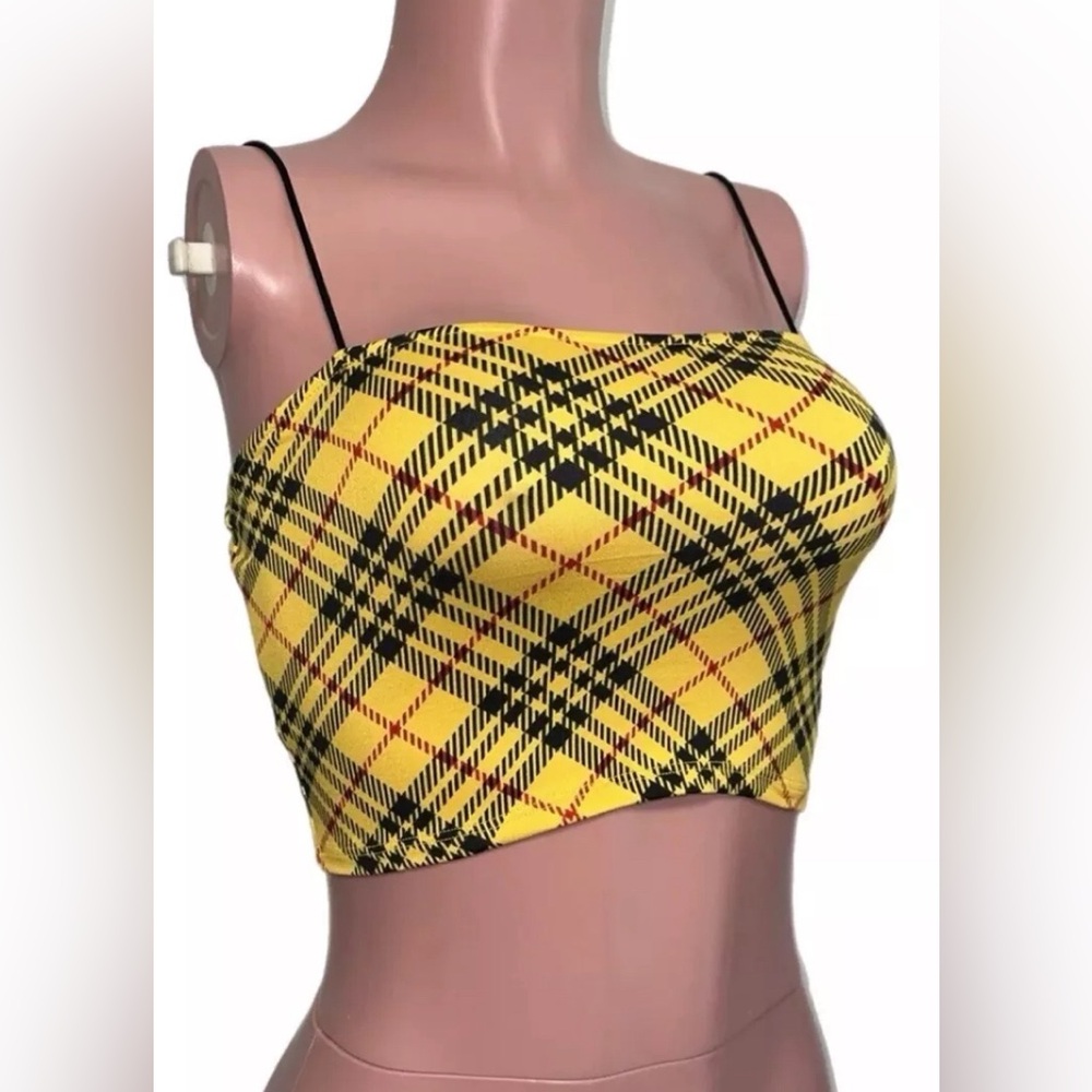 Clueless Yellow Plaid Stretch Straps Crop Top Casual Cosplay Party Preppie Rave